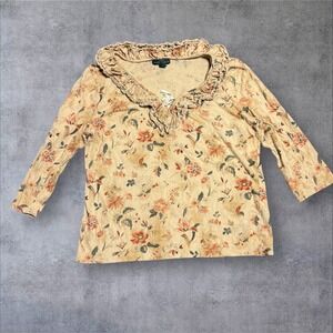 Lauren Ralph Lauren V Neck‎ Ruffle Lace Up Top Sz XL 3/4 Sleeve Floral Blouse